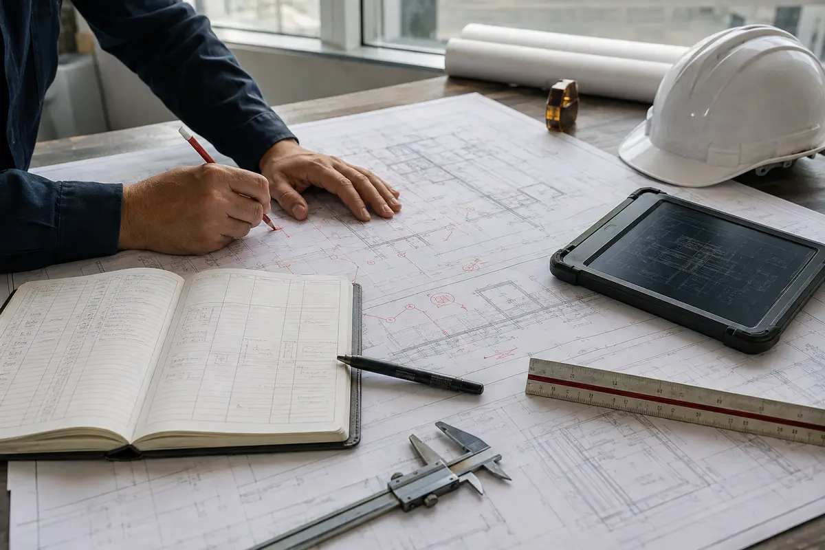 Engineer’s workspace with drawings and control registers